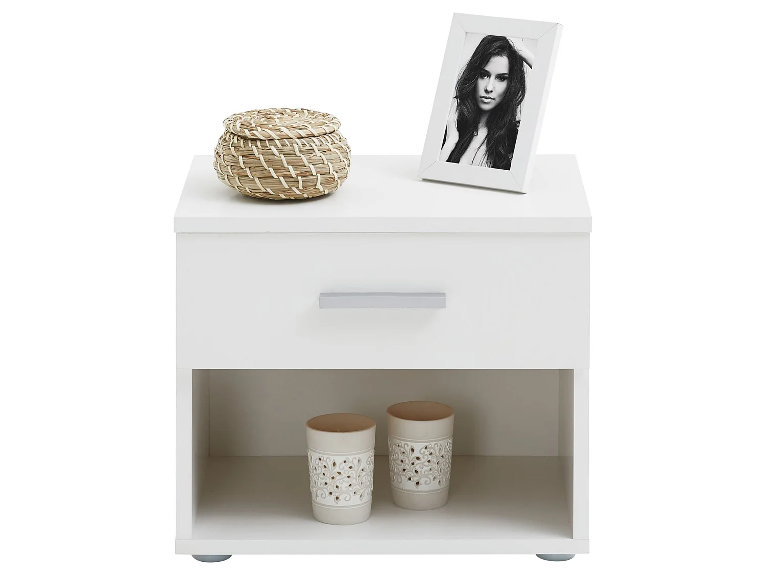 Table de chevet MAEL, table de nuit casier avec 1 tiroir et 1 niche, en mélaminé blanc mat et blanc brillant