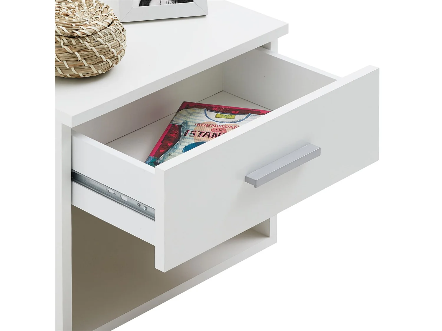 Table de chevet MAEL, table de nuit casier avec 1 tiroir et 1 niche, en mélaminé blanc mat et blanc brillant