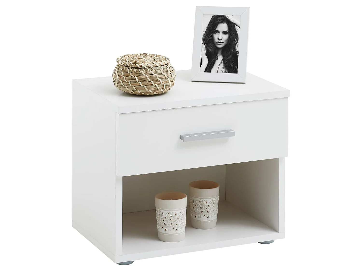Table de chevet MAEL, table de nuit casier avec 1 tiroir et 1 niche, en mélaminé blanc mat et blanc brillant