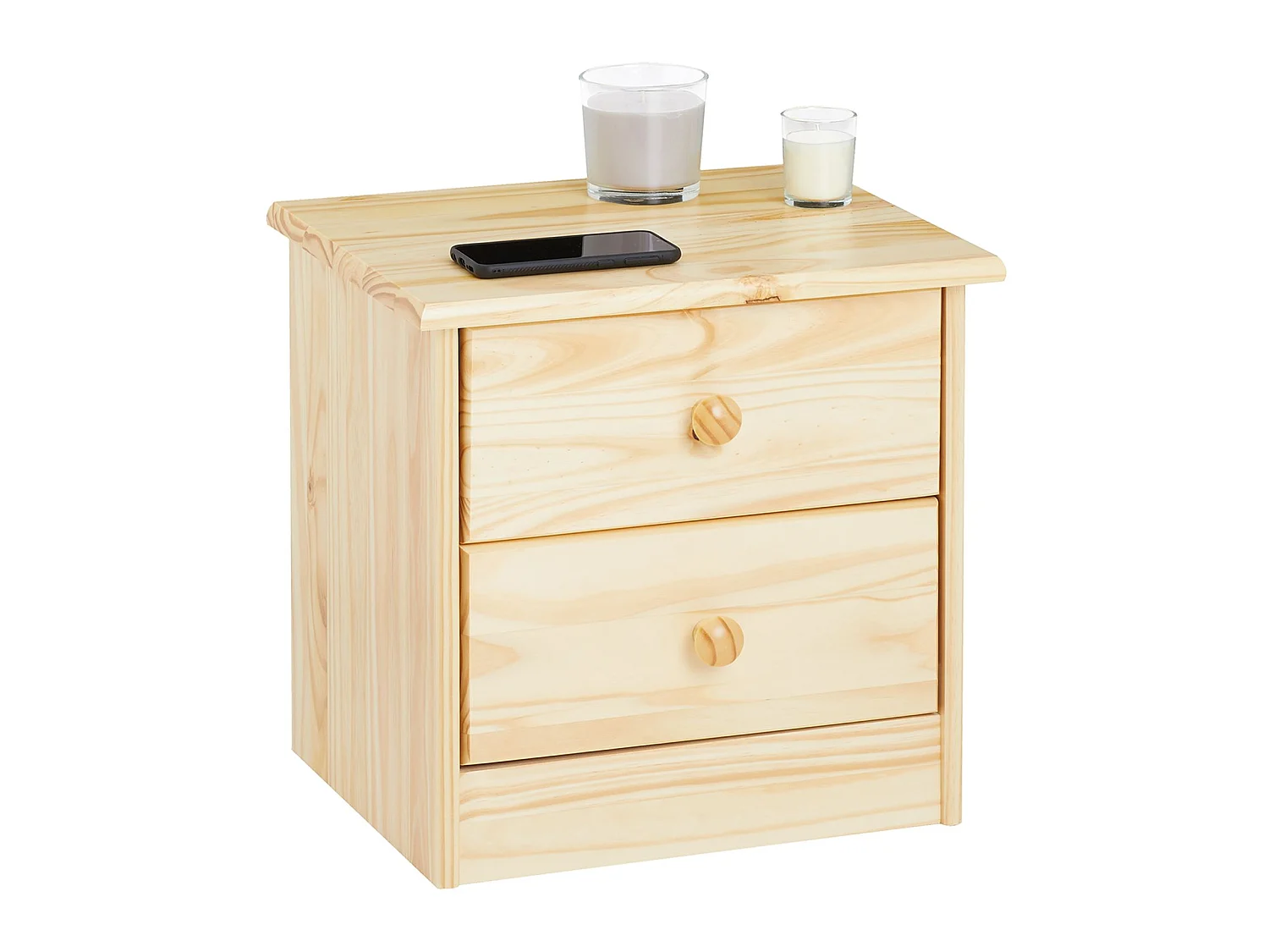 Table de chevet RONDO avec 2 tiroirs, table de nuit en pin massif, chevet en bois vernis naturel