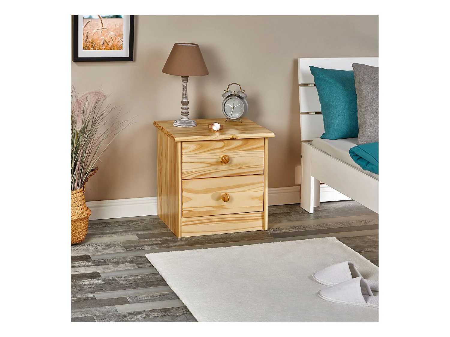 Table de chevet RONDO avec 2 tiroirs, table de nuit en pin massif, chevet en bois vernis naturel