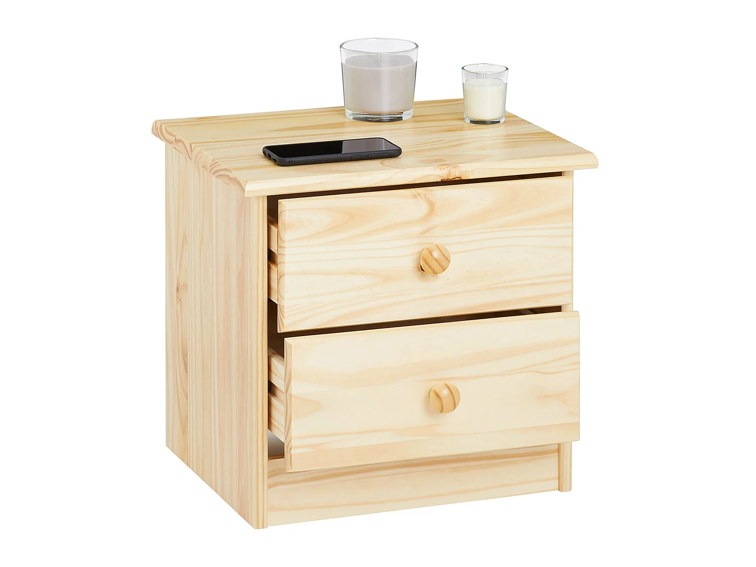 Table de chevet RONDO avec 2 tiroirs, table de nuit en pin massif, chevet en bois vernis naturel