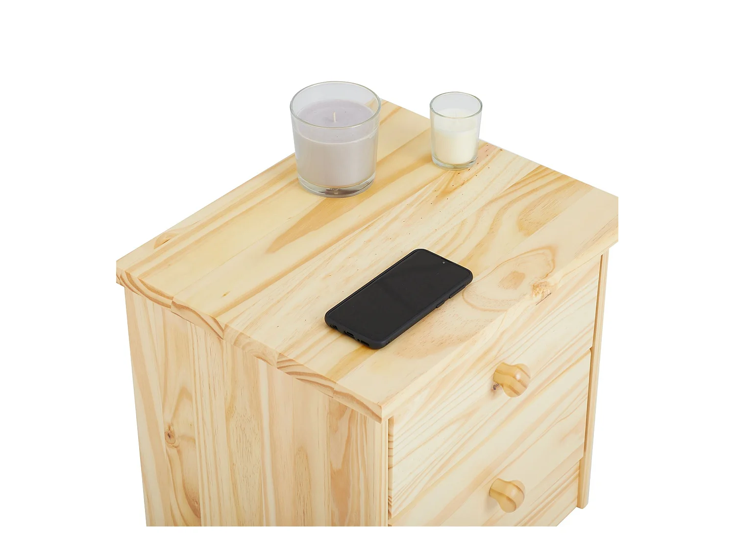Table de chevet RONDO avec 2 tiroirs, table de nuit en pin massif, chevet en bois vernis naturel