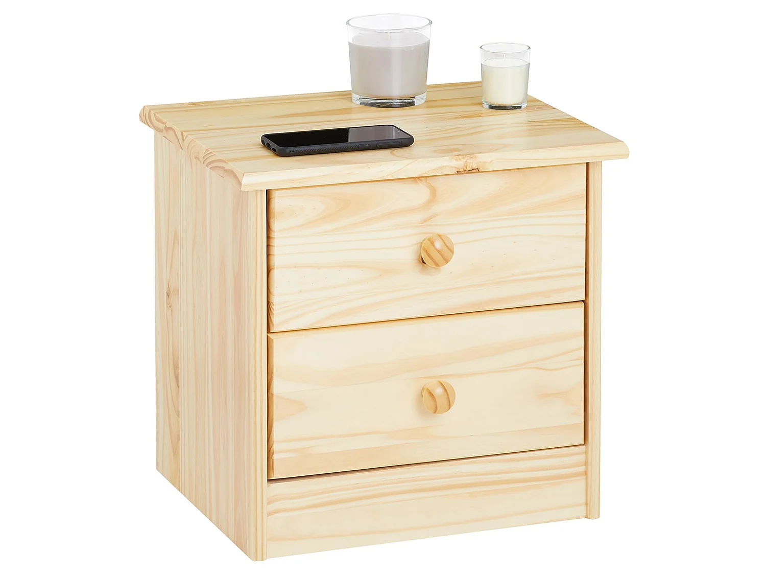 Table de chevet RONDO avec 2 tiroirs, table de nuit en pin massif, chevet en bois vernis naturel