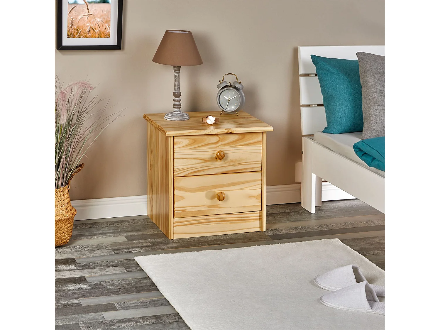 Table de chevet RONDO avec 2 tiroirs, table de nuit en pin massif, chevet en bois vernis naturel