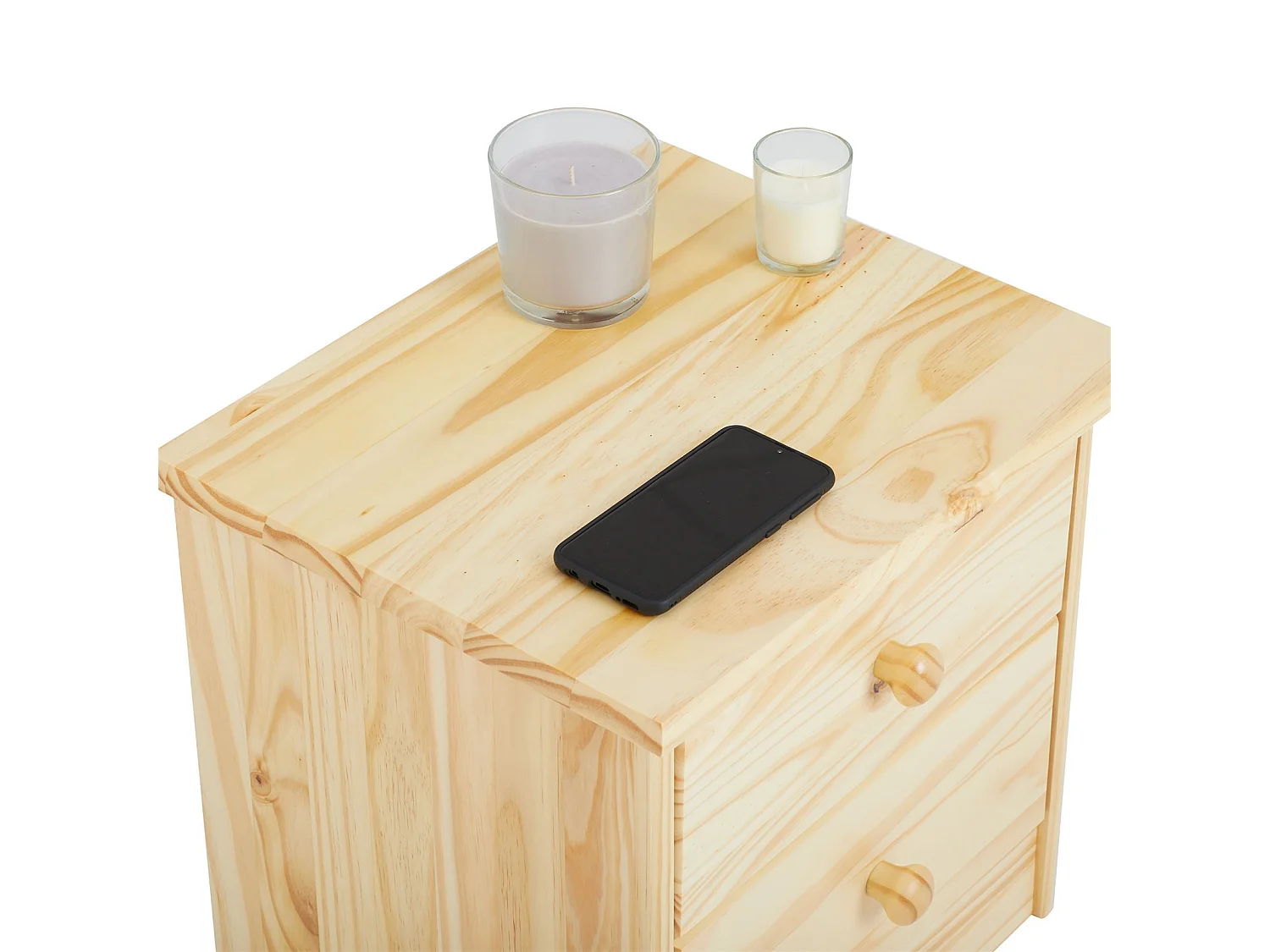 Table de chevet RONDO avec 2 tiroirs, table de nuit en pin massif, chevet en bois vernis naturel