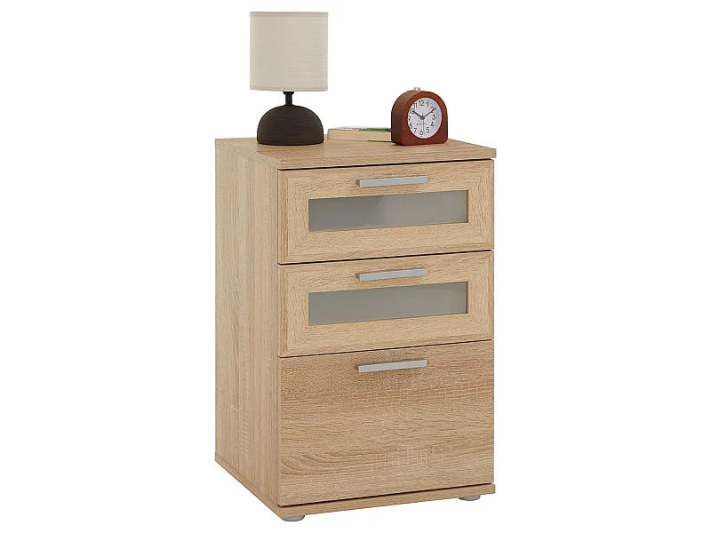 Table de chevet JESSY, table de nuit hauteur 60 cm avec 3 tiroirs 2 inserts vitrés, pour lit boxspring, mélaminé décor chêne sonoma