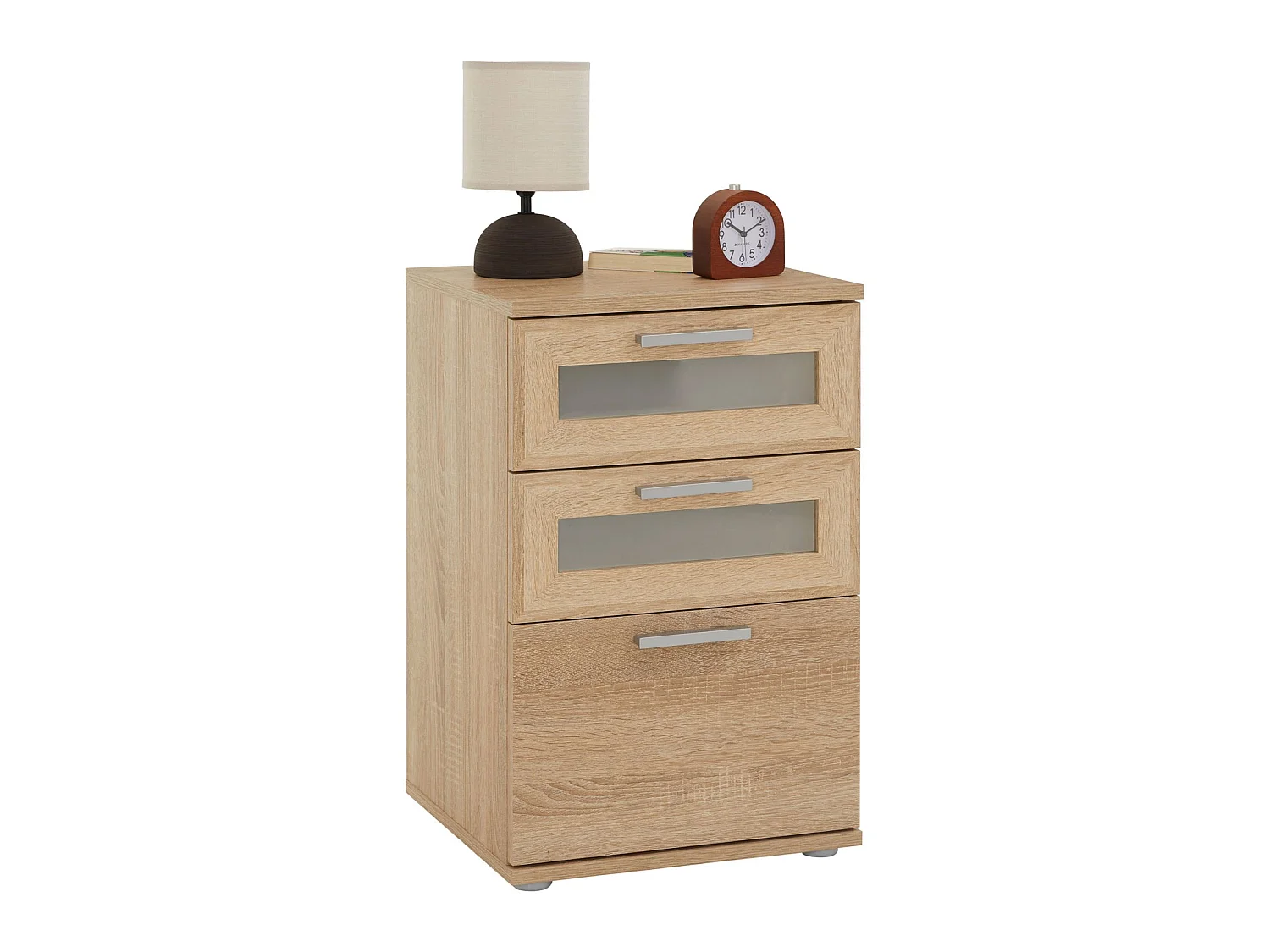 Table de chevet JESSY, table de nuit hauteur 60 cm avec 3 tiroirs 2 inserts vitrés, pour lit boxspring, mélaminé décor chêne sonoma