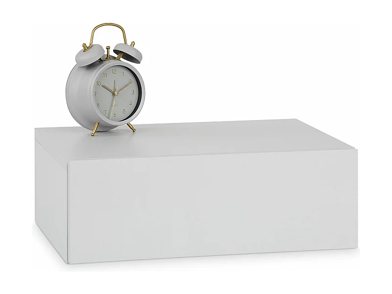 Chevet suspendu OCEANE, étagère murale avec 1 tiroir sans poignée, en bois gris clair mat