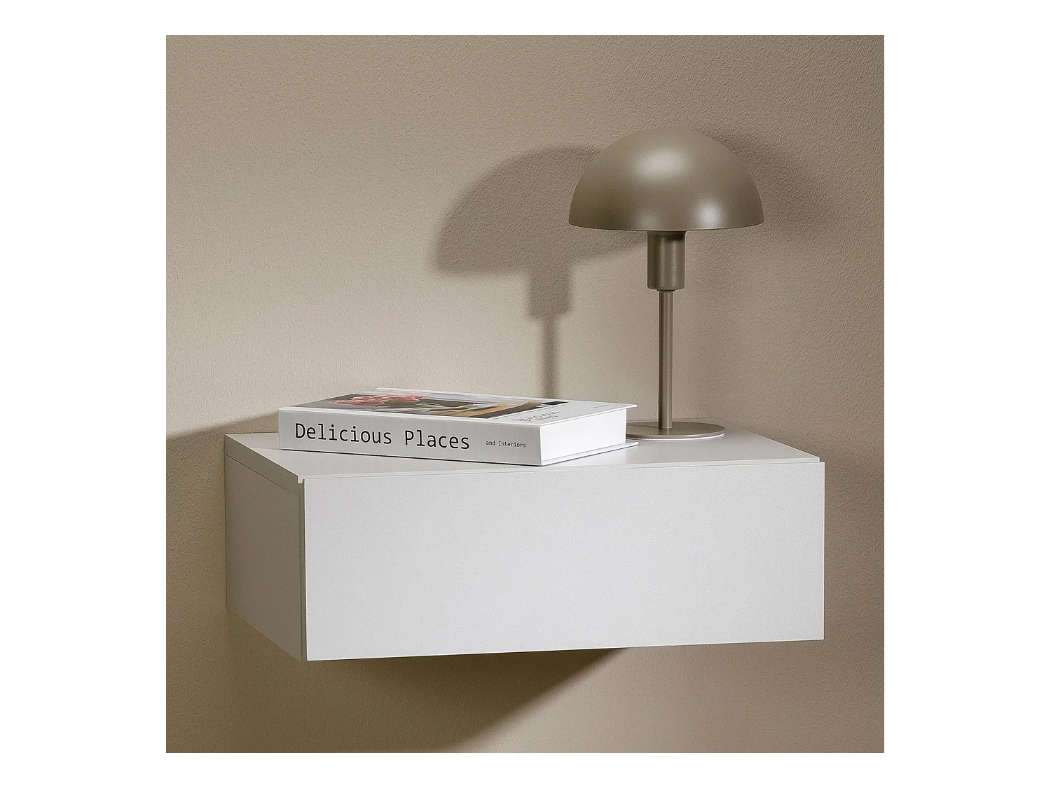 Chevet suspendu OCEANE, étagère murale avec 1 tiroir sans poignée, en bois gris clair mat