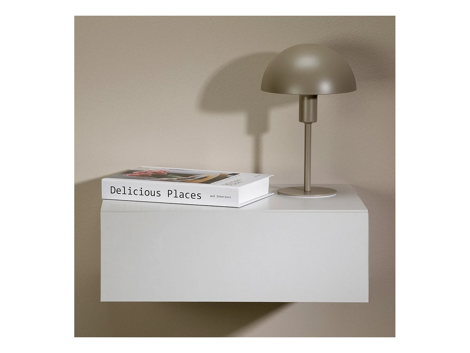 Chevet suspendu OCEANE, étagère murale avec 1 tiroir sans poignée, en bois gris clair mat