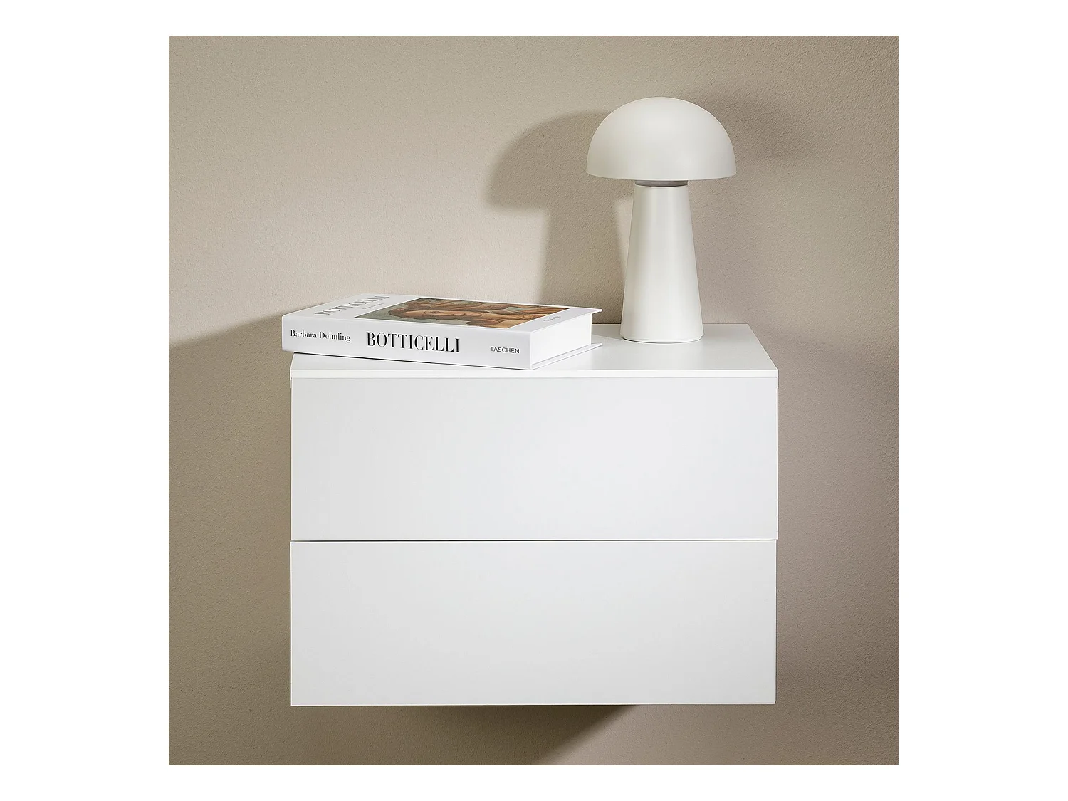 Chevet suspendu FLORENT, étagère murale avec 2 tiroirs sans poignée, en mélaminé blanc mat