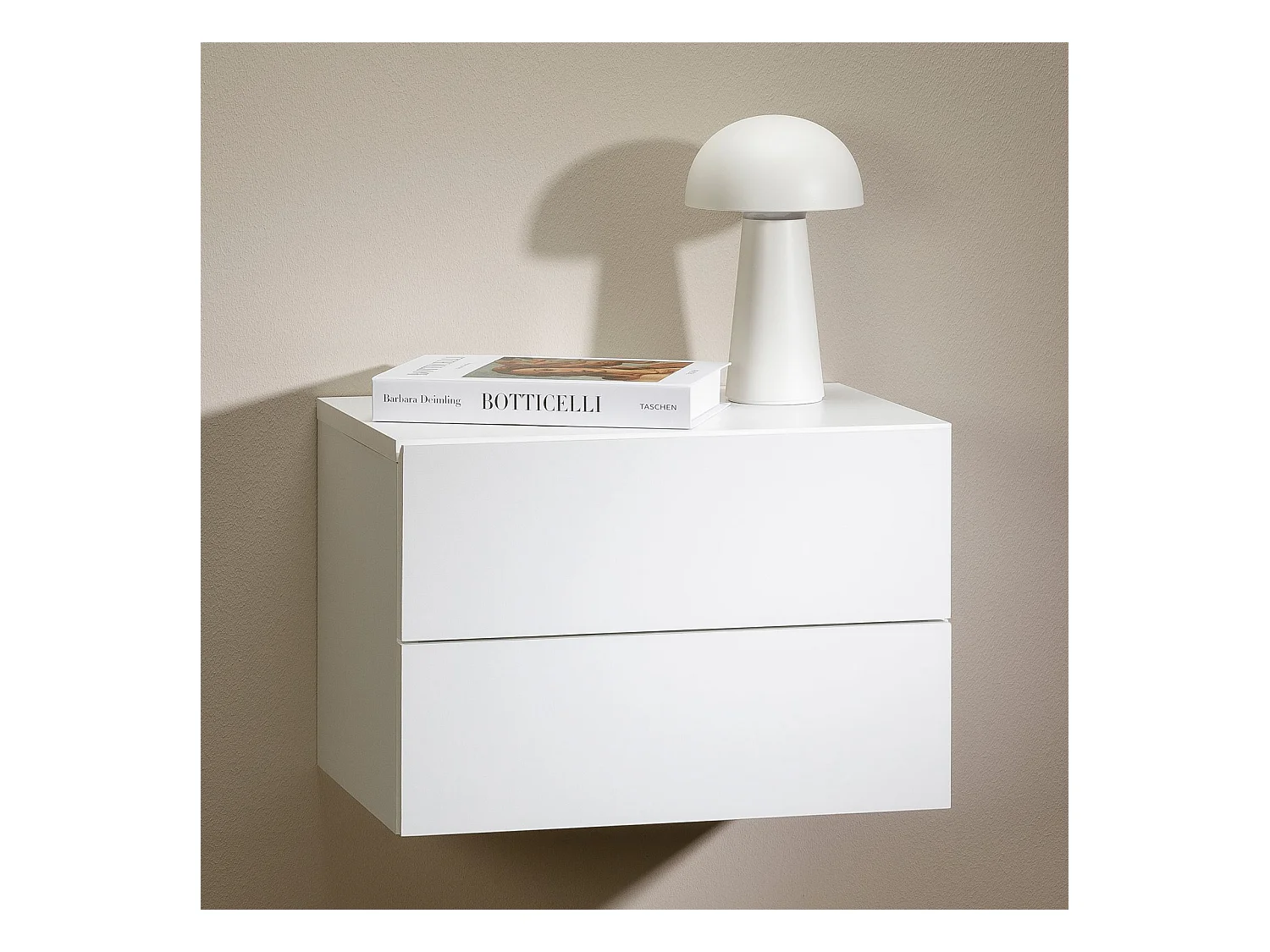 Chevet suspendu FLORENT, étagère murale avec 2 tiroirs sans poignée, en mélaminé blanc mat