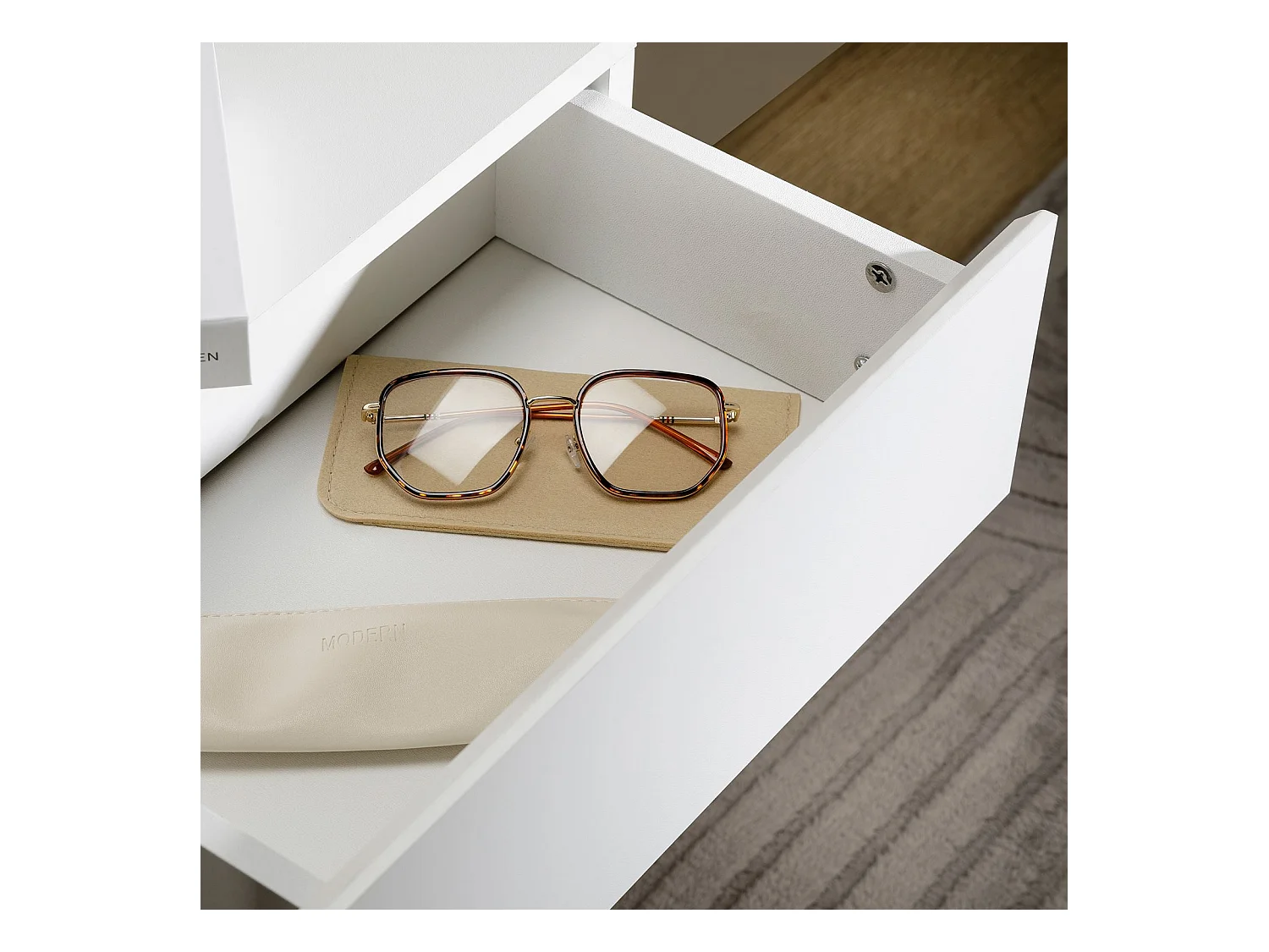 Chevet suspendu FLORENT, étagère murale avec 2 tiroirs sans poignée, en mélaminé blanc mat