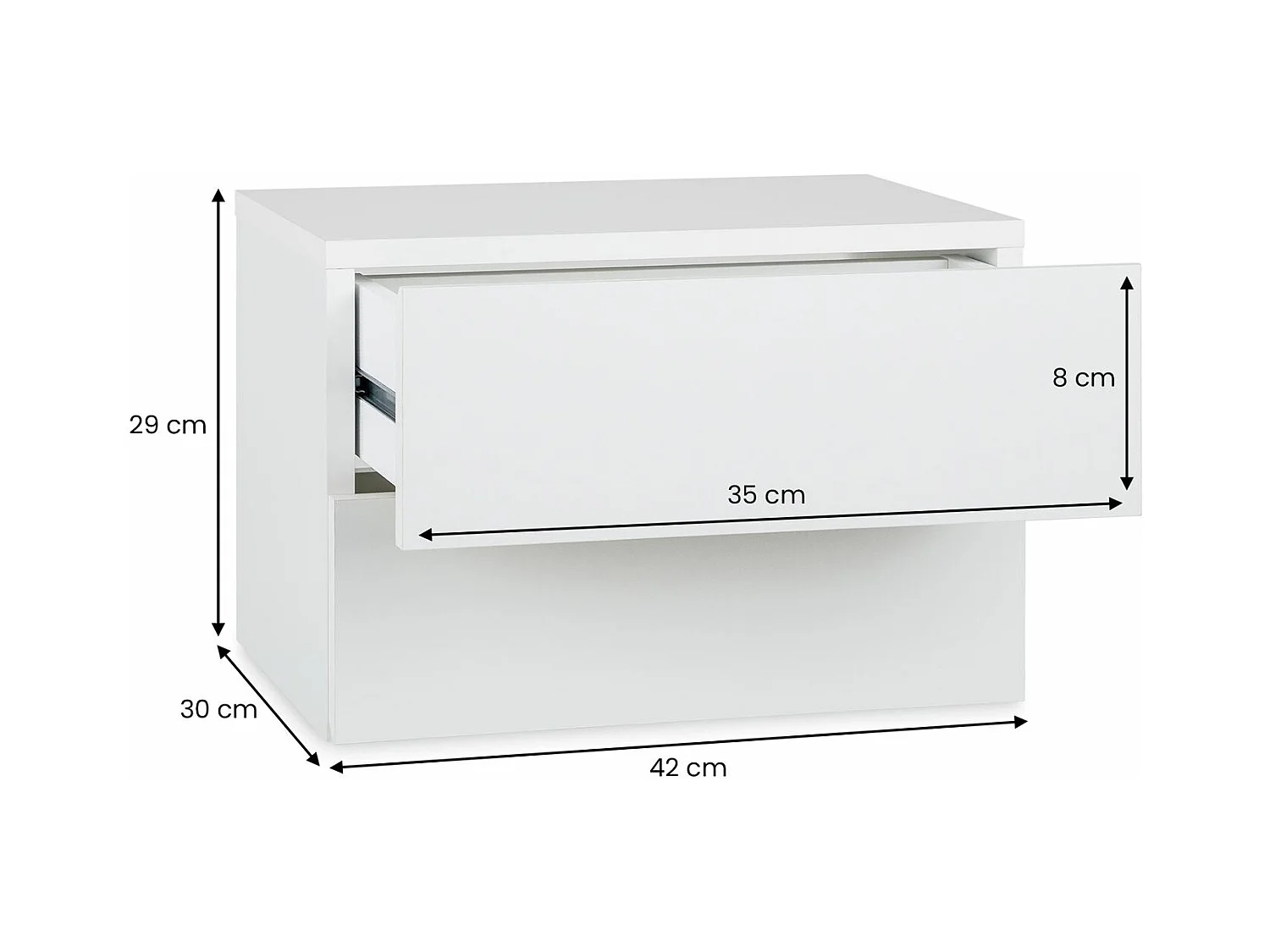 Chevet suspendu FLORENT, étagère murale avec 2 tiroirs sans poignée, en mélaminé blanc mat