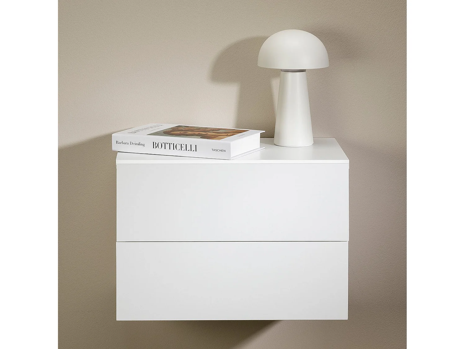 Chevet suspendu FLORENT, étagère murale avec 2 tiroirs sans poignée, en mélaminé blanc mat