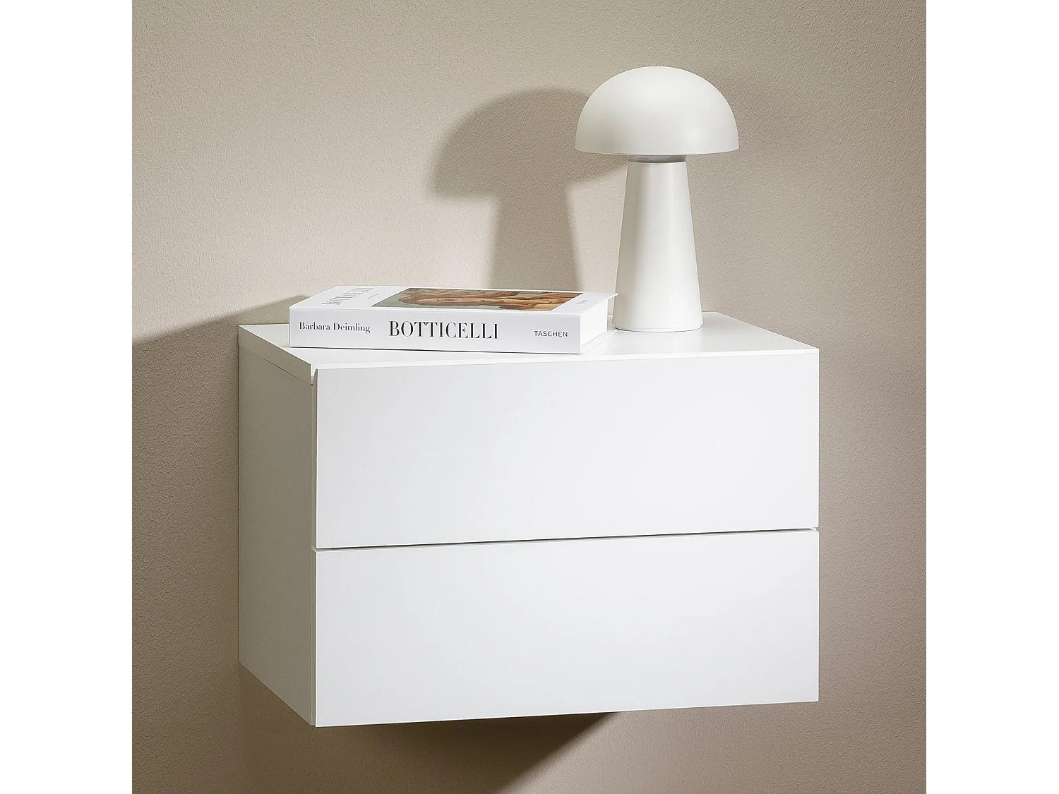 Chevet suspendu FLORENT, étagère murale avec 2 tiroirs sans poignée, en mélaminé blanc mat