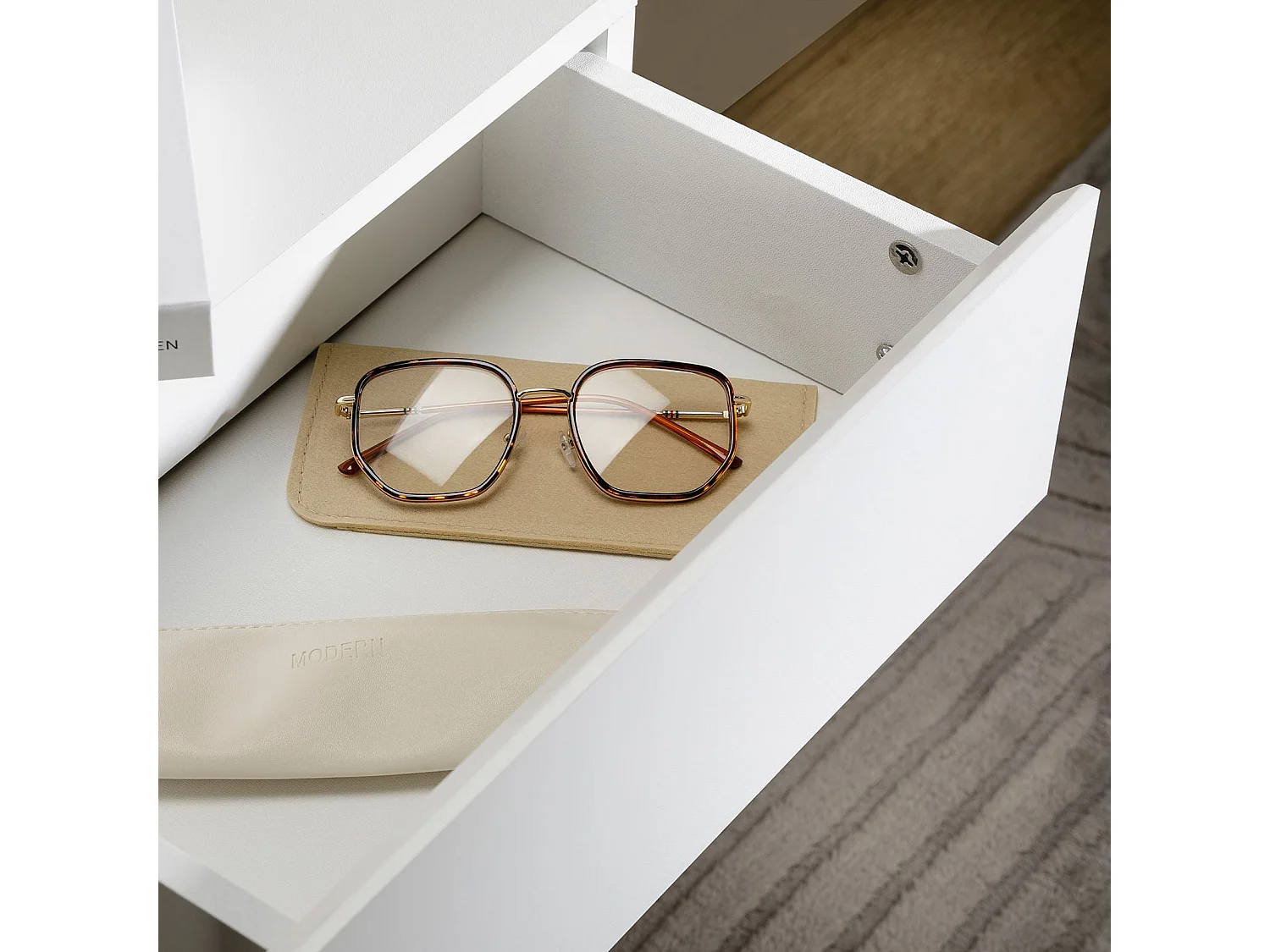 Chevet suspendu FLORENT, étagère murale avec 2 tiroirs sans poignée, en mélaminé blanc mat