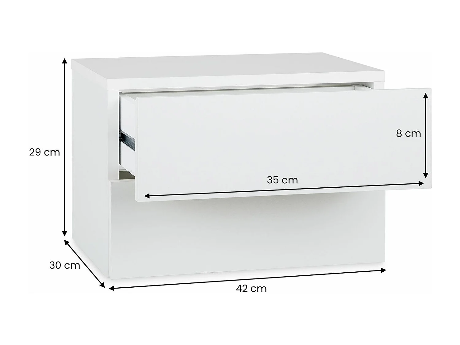Chevet suspendu FLORENT, étagère murale avec 2 tiroirs sans poignée, en mélaminé blanc mat