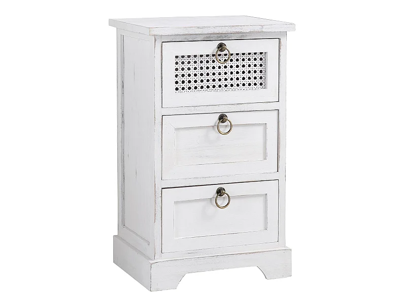 Table de chevet IRMA petite commode de nuit avec 3 tiroirs, en bois paulownia blanc style shabby chic vintage bohême déco en rotin