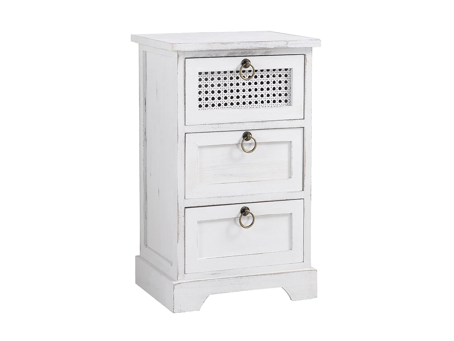 Table de chevet IRMA petite commode de nuit avec 3 tiroirs, en bois paulownia blanc style shabby chic vintage bohême déco en rotin