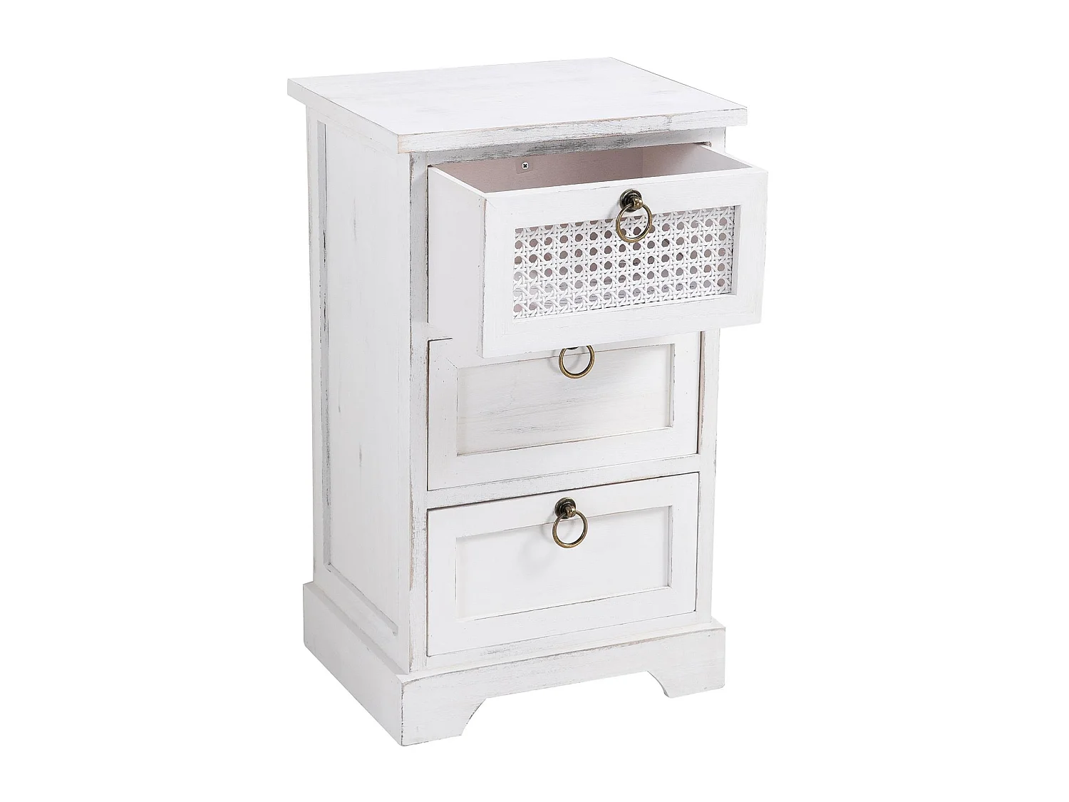 Table de chevet IRMA petite commode de nuit avec 3 tiroirs, en bois paulownia blanc style shabby chic vintage bohême déco en rotin