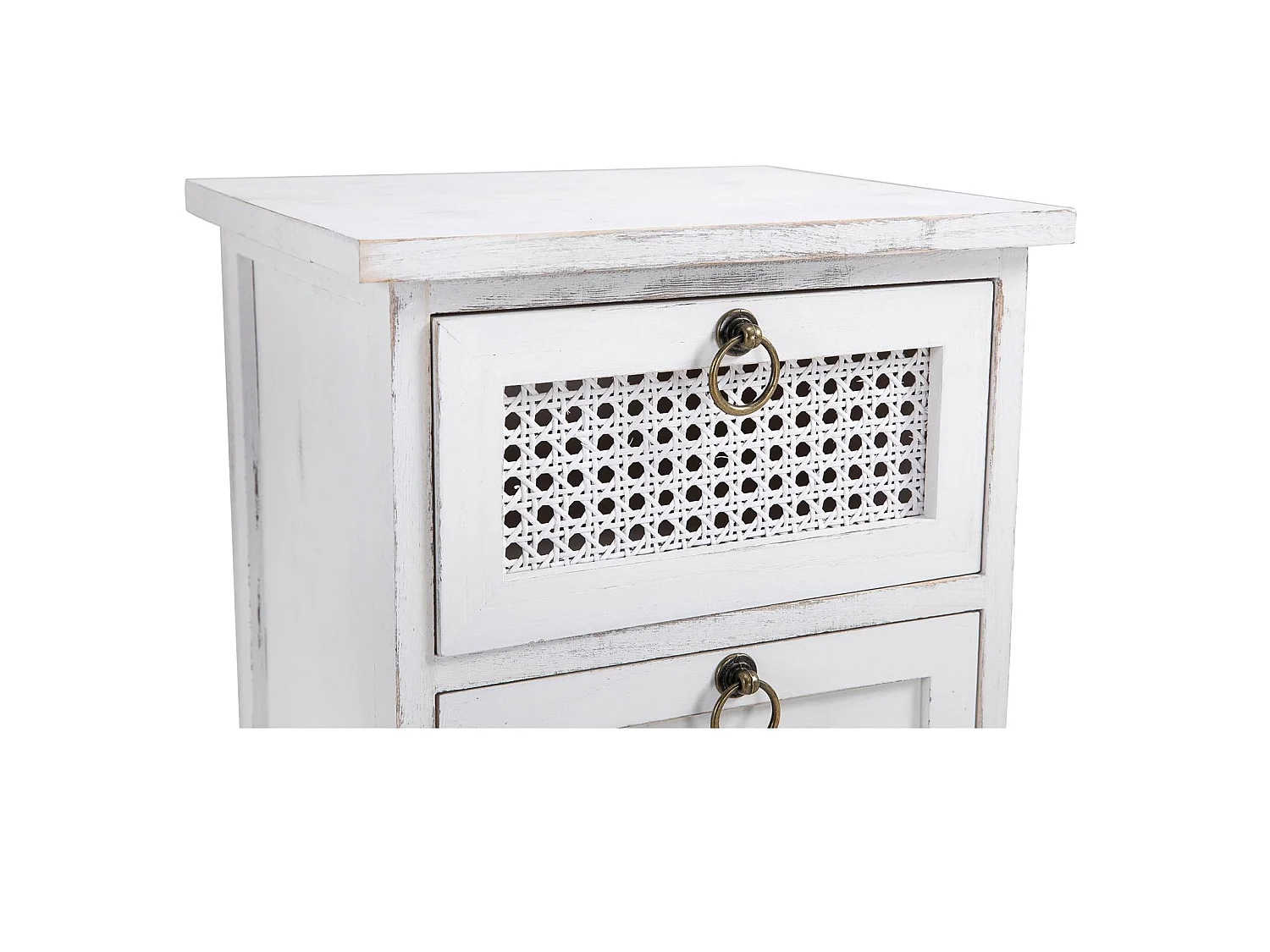 Table de chevet IRMA petite commode de nuit avec 3 tiroirs, en bois paulownia blanc style shabby chic vintage bohême déco en rotin