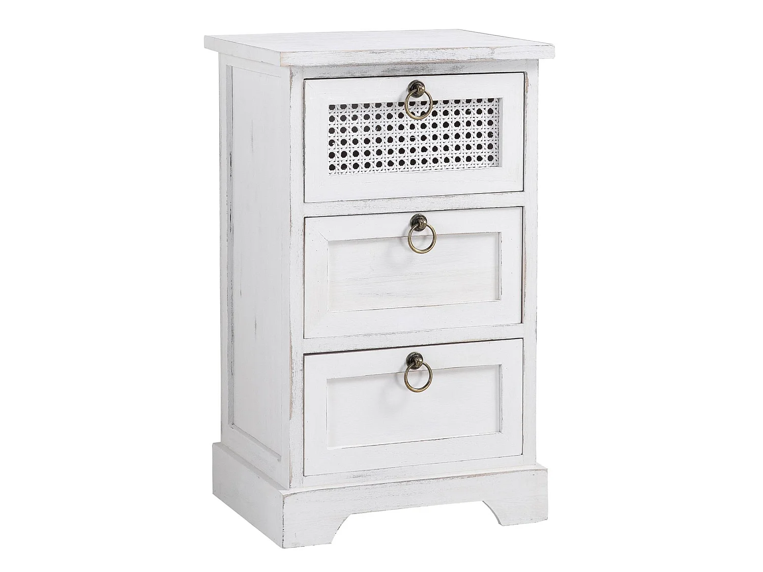 Table de chevet IRMA petite commode de nuit avec 3 tiroirs, en bois paulownia blanc style shabby chic vintage bohême déco en rotin