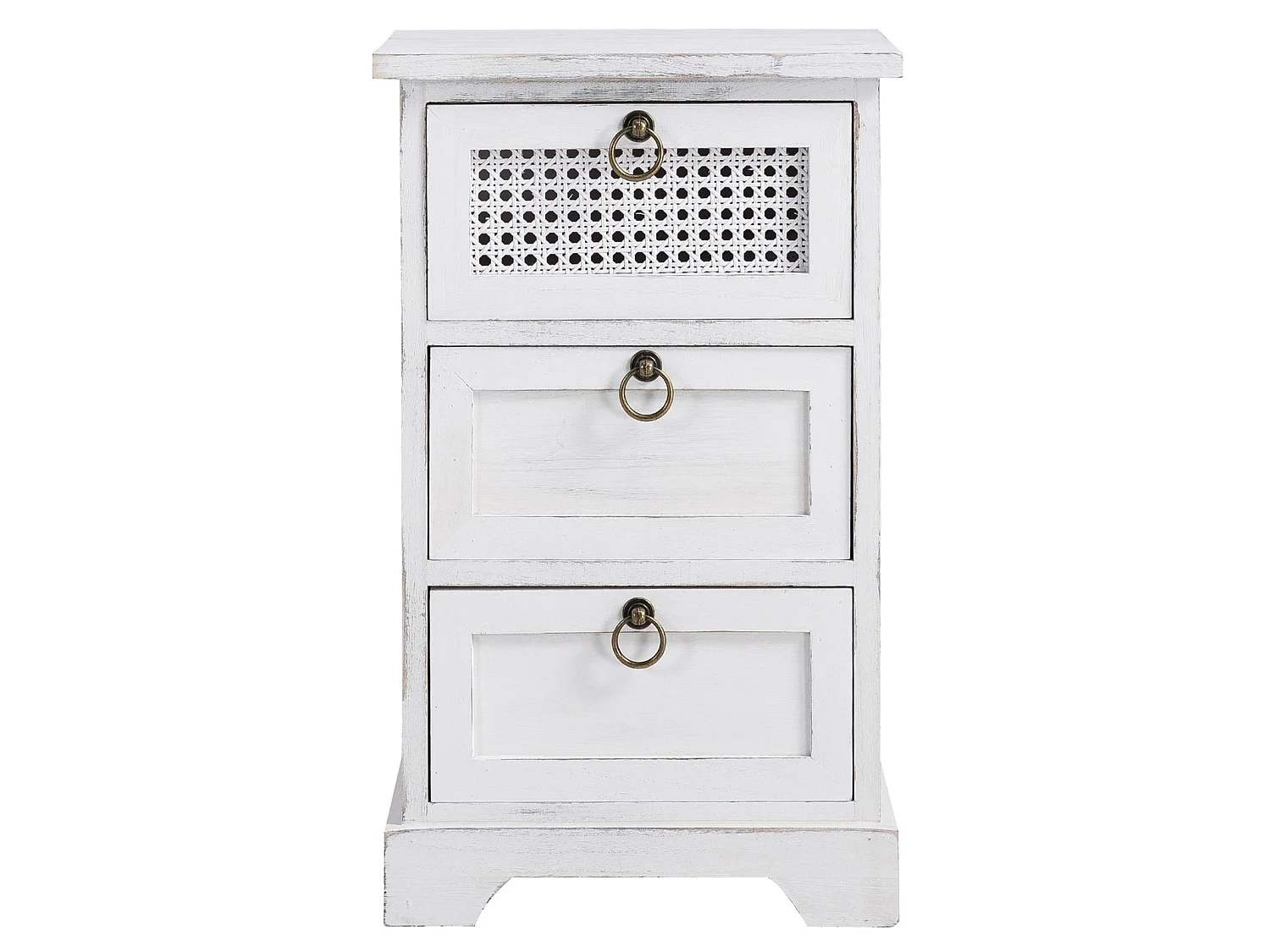 Table de chevet IRMA petite commode de nuit avec 3 tiroirs, en bois paulownia blanc style shabby chic vintage bohême déco en rotin