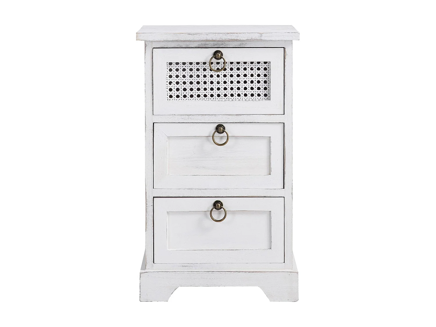 Table de chevet IRMA petite commode de nuit avec 3 tiroirs, en bois paulownia blanc style shabby chic vintage bohême déco en rotin