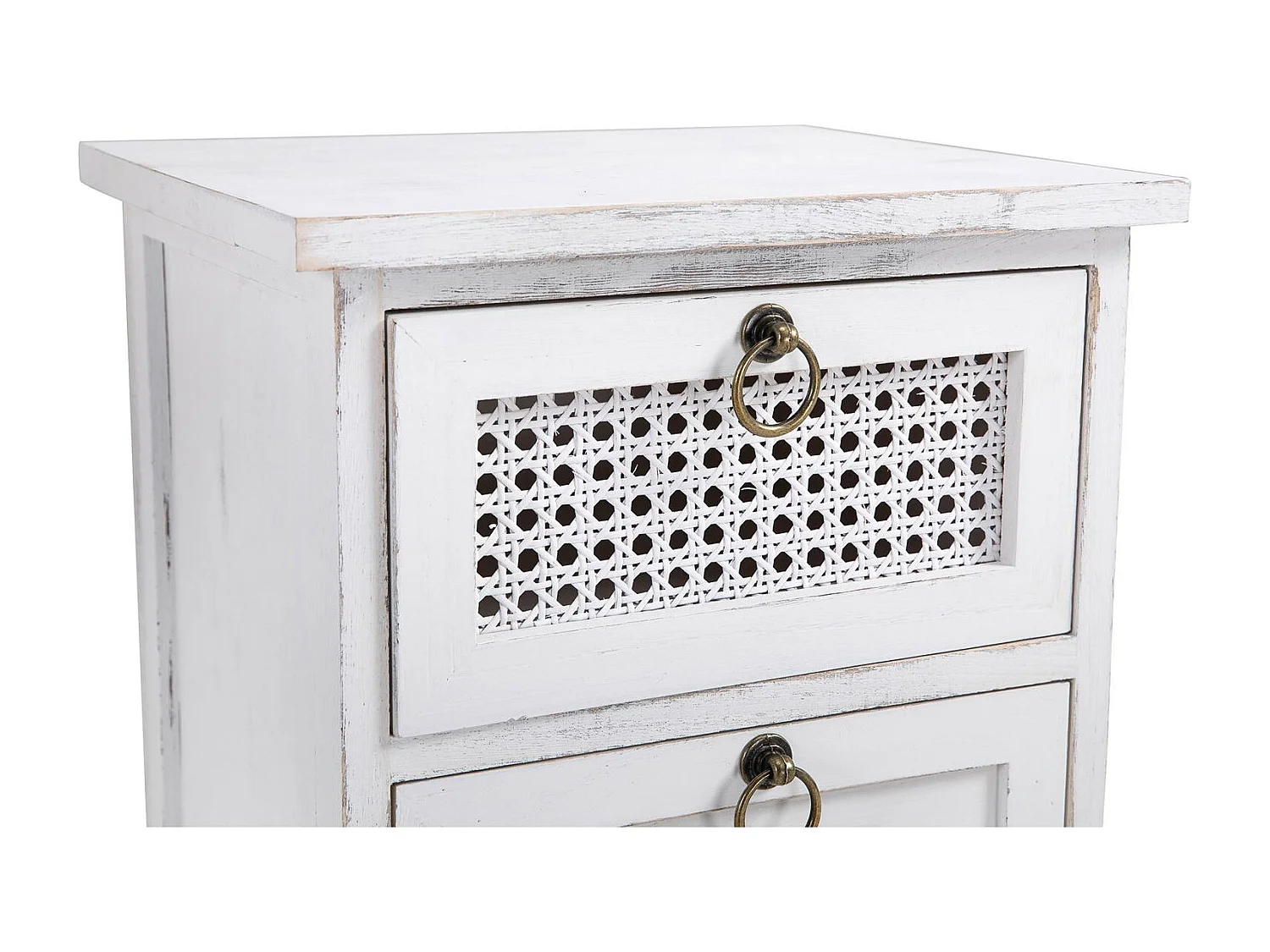 Table de chevet IRMA petite commode de nuit avec 3 tiroirs, en bois paulownia blanc style shabby chic vintage bohême déco en rotin