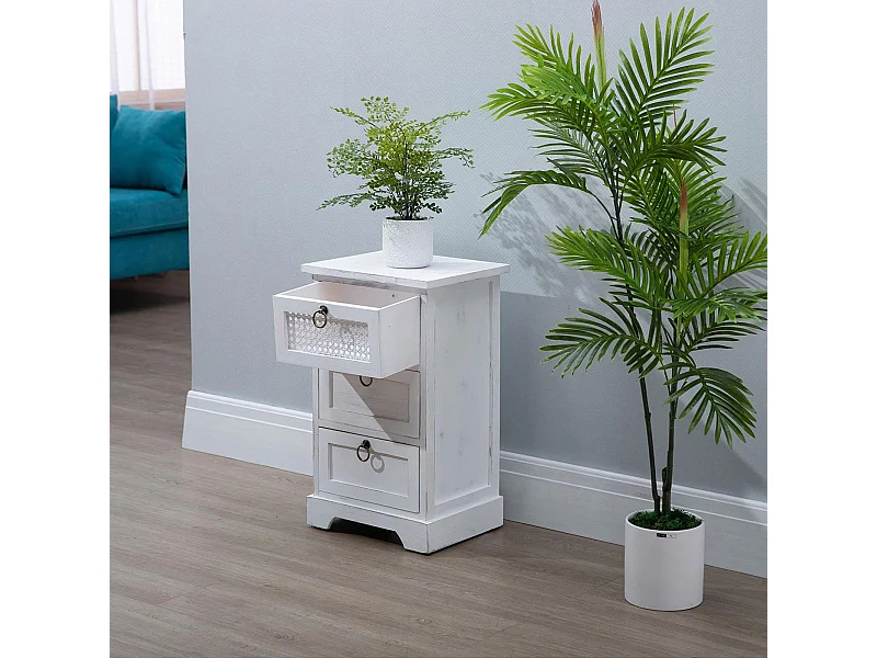 Table de chevet IRMA petite commode de nuit avec 3 tiroirs, en bois paulownia blanc style shabby chic vintage bohême déco en rotin