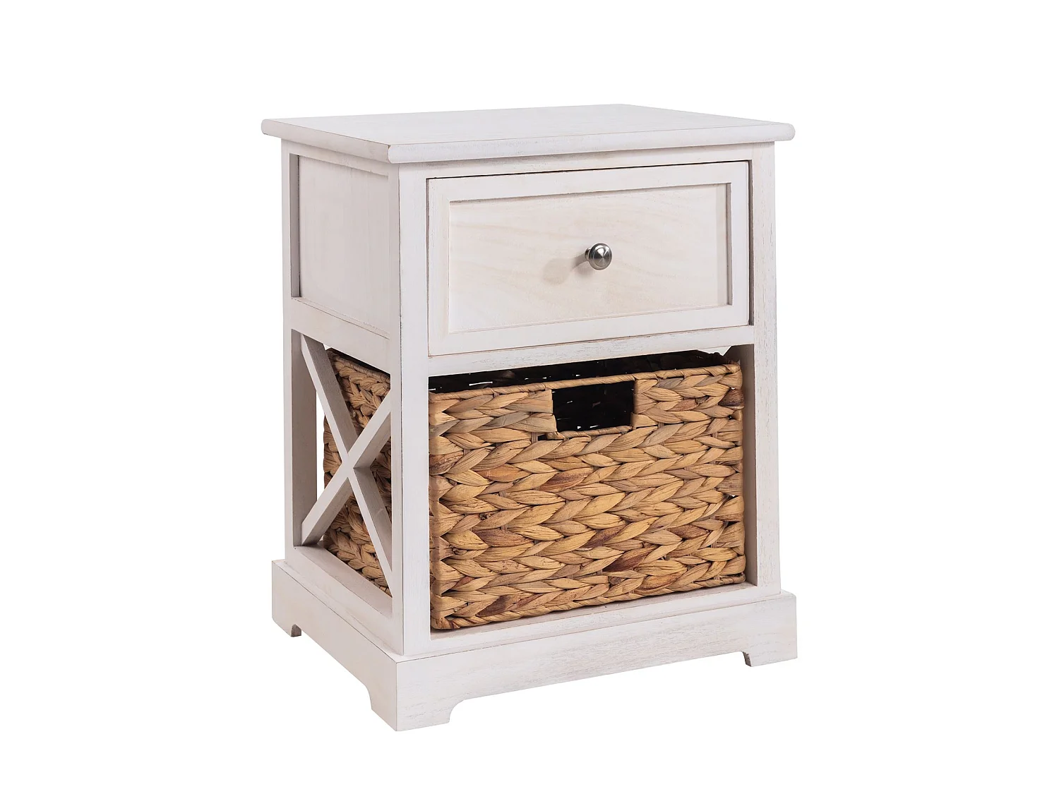 Table de chevet CHEYENNE petite commode de nuit avec 1 tiroir et 1 panier tressé en bois de paulownia blanc style maison de campagne