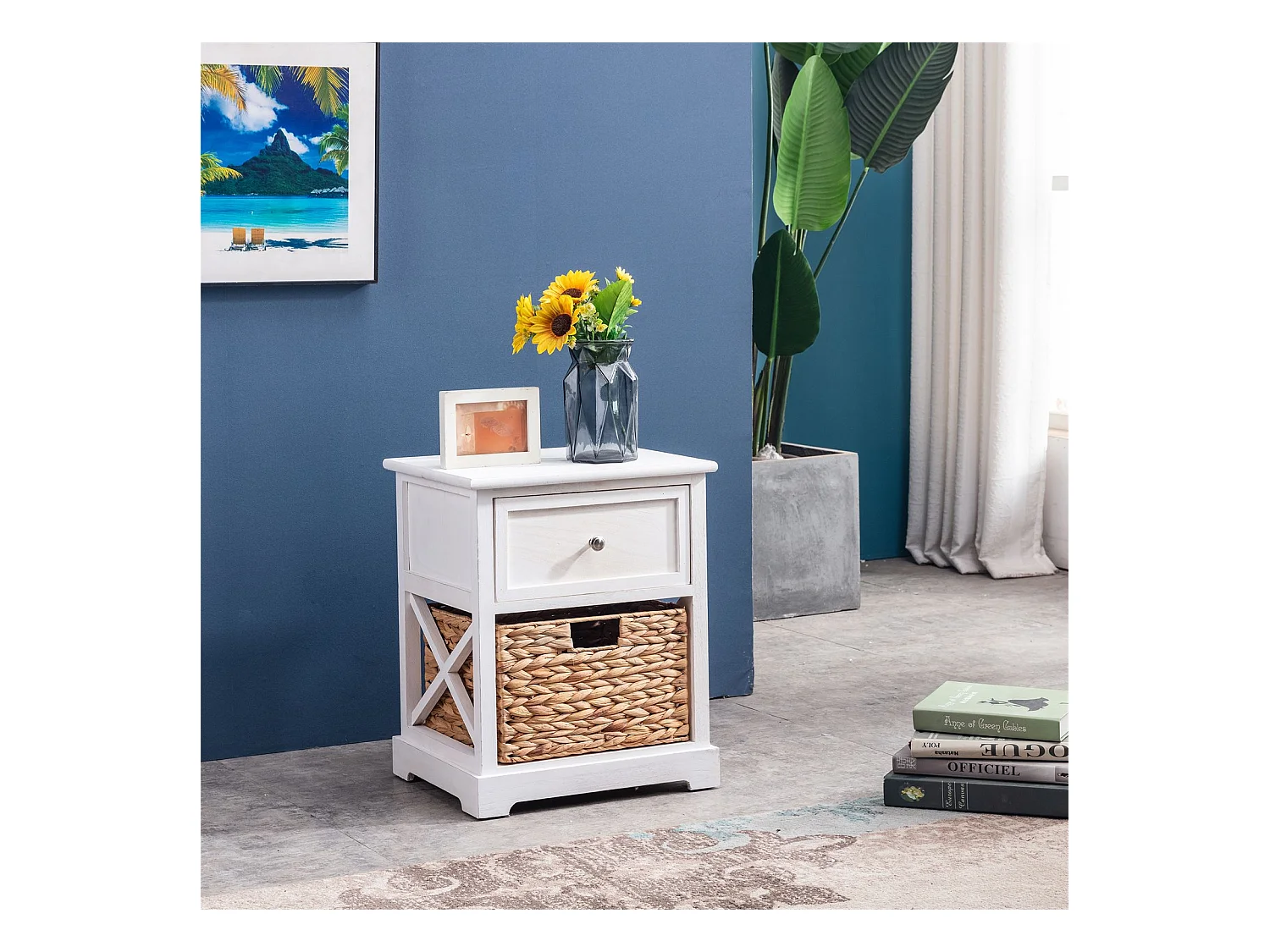 Table de chevet CHEYENNE petite commode de nuit avec 1 tiroir et 1 panier tressé en bois de paulownia blanc style maison de campagne