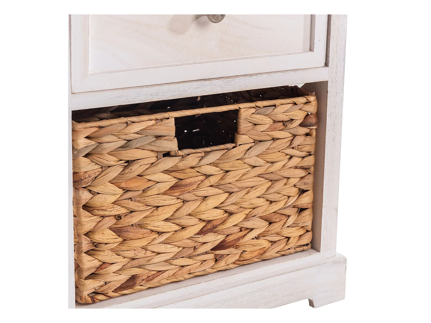 Table de chevet CHEYENNE petite commode de nuit avec 1 tiroir et 1 panier tressé en bois de paulownia blanc style maison de campagne