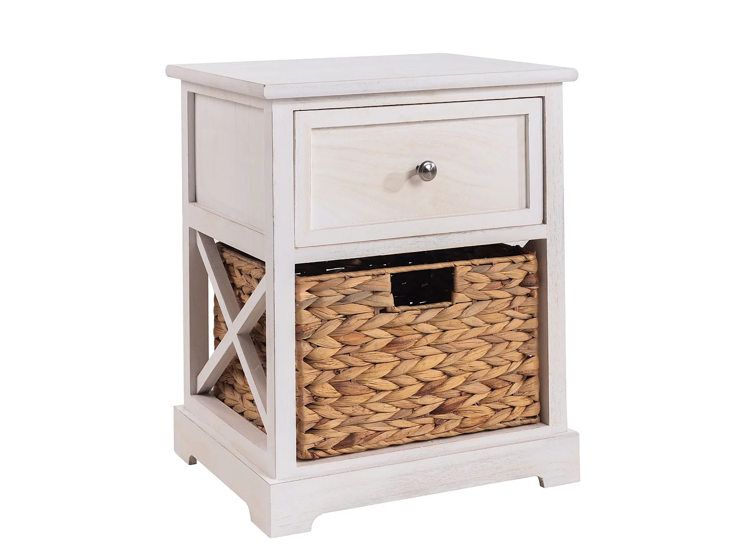 Table de chevet CHEYENNE petite commode de nuit avec 1 tiroir et 1 panier tressé en bois de paulownia blanc style maison de campagne