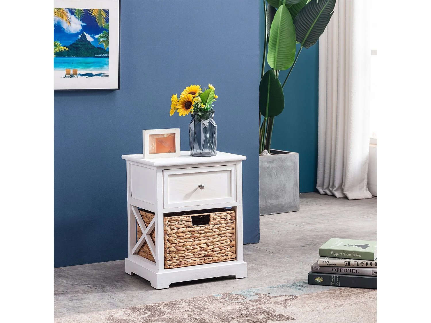 Table de chevet CHEYENNE petite commode de nuit avec 1 tiroir et 1 panier tressé en bois de paulownia blanc style maison de campagne