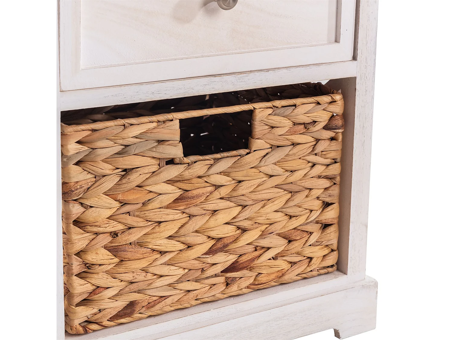 Table de chevet CHEYENNE petite commode de nuit avec 1 tiroir et 1 panier tressé en bois de paulownia blanc style maison de campagne