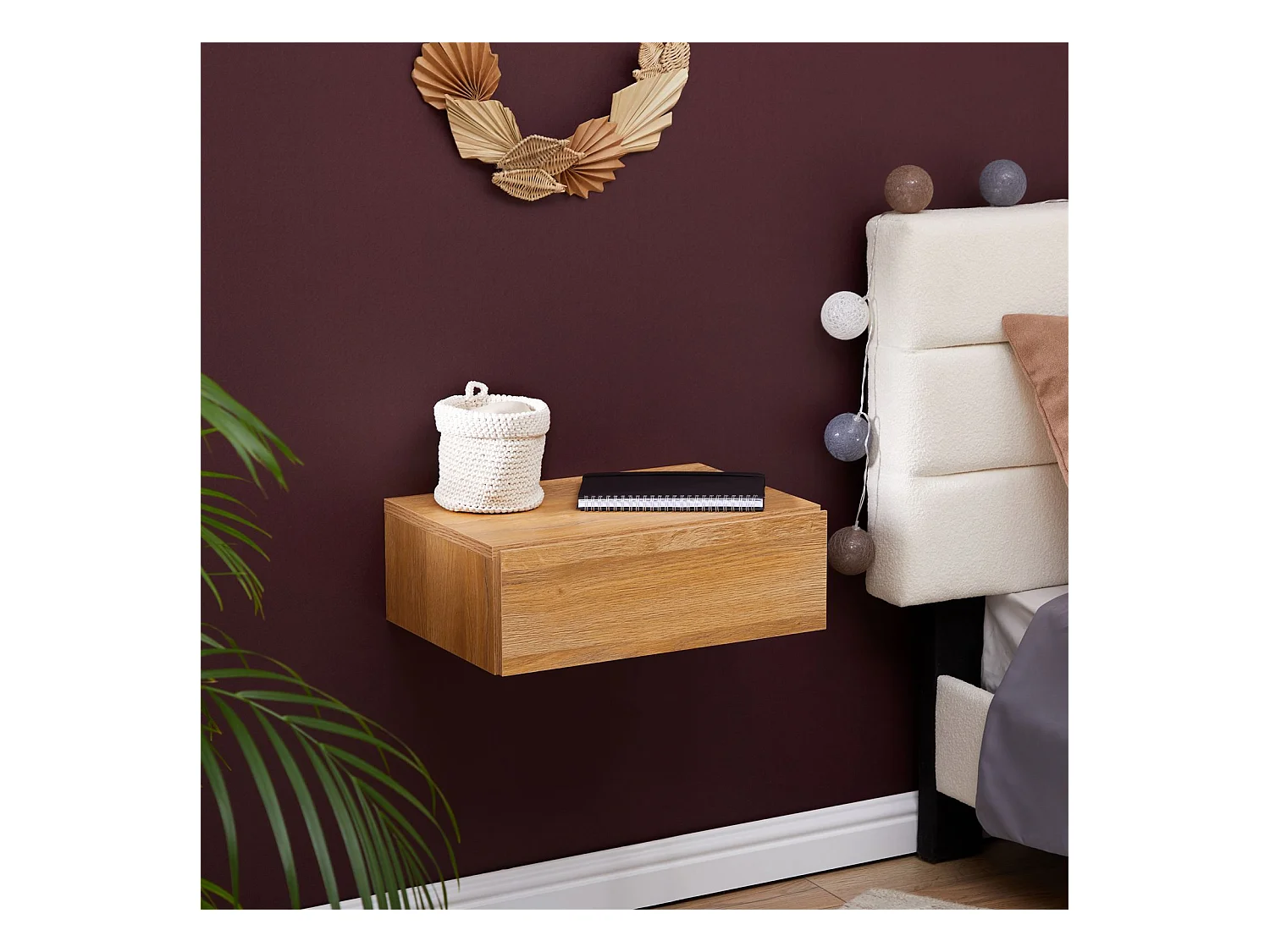 Chevet suspendu OCEANE, étagère murale avec 1 tiroir sans poignée, en bois décor chêne sauvage