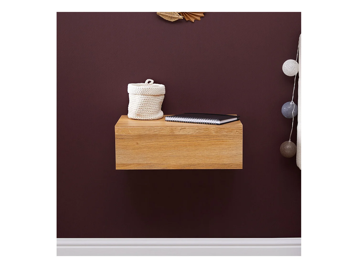 Chevet suspendu OCEANE, étagère murale avec 1 tiroir sans poignée, en bois décor chêne sauvage