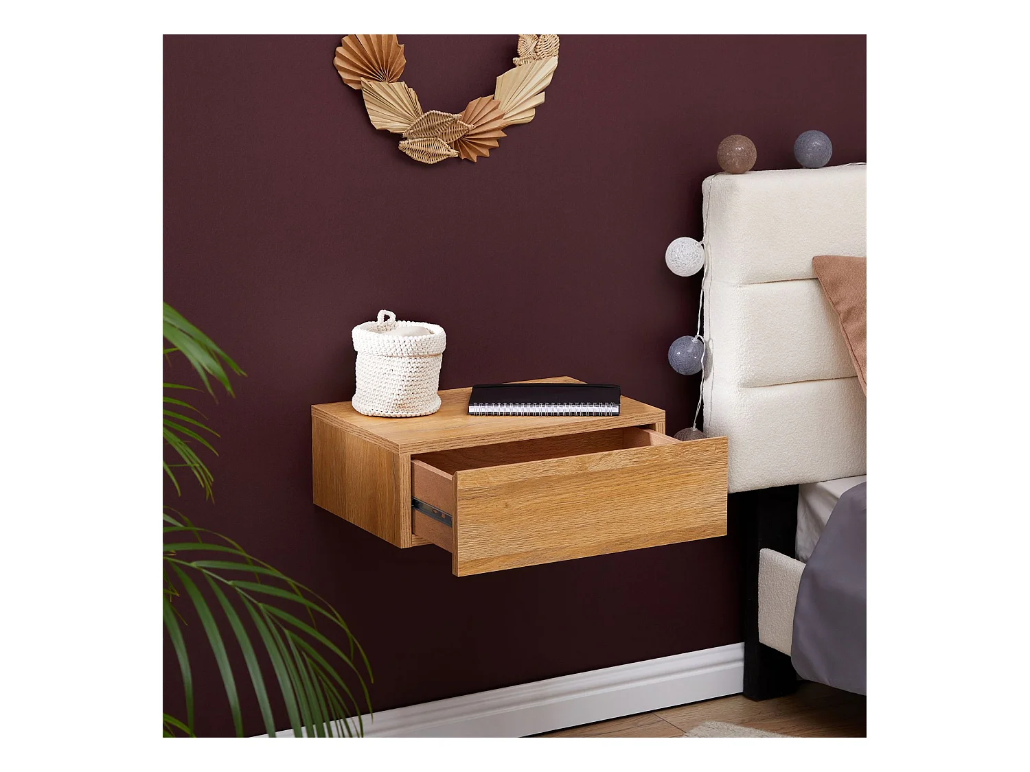 Chevet suspendu OCEANE, étagère murale avec 1 tiroir sans poignée, en bois décor chêne sauvage