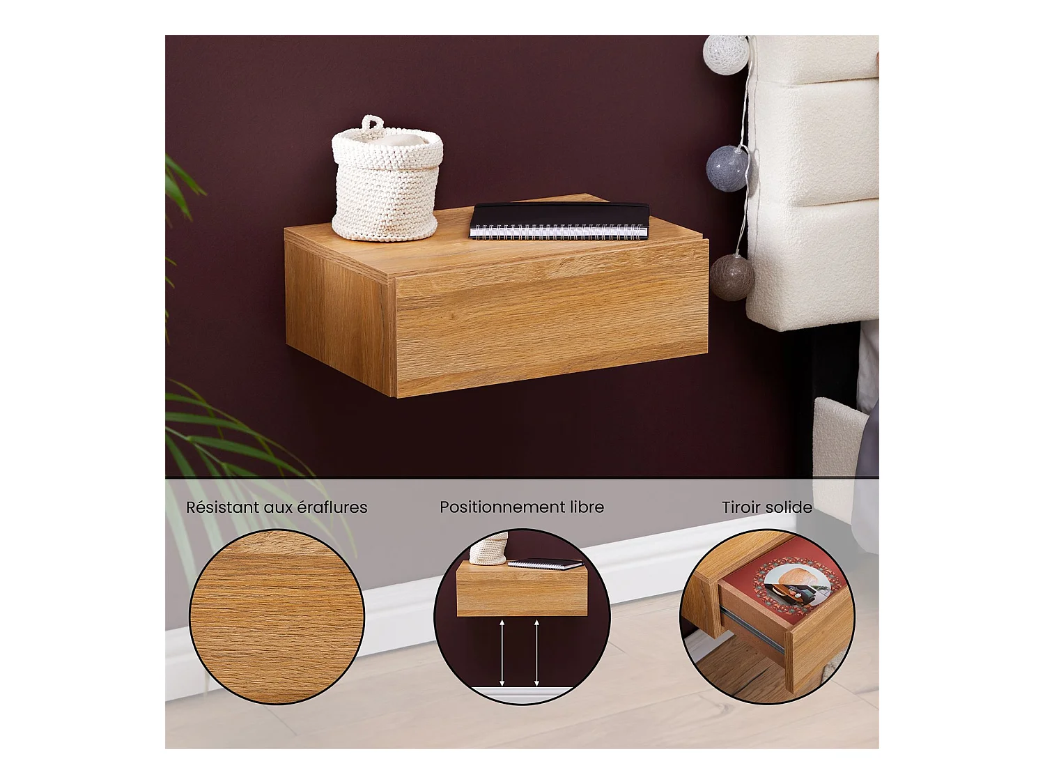 Chevet suspendu OCEANE, étagère murale avec 1 tiroir sans poignée, en bois décor chêne sauvage