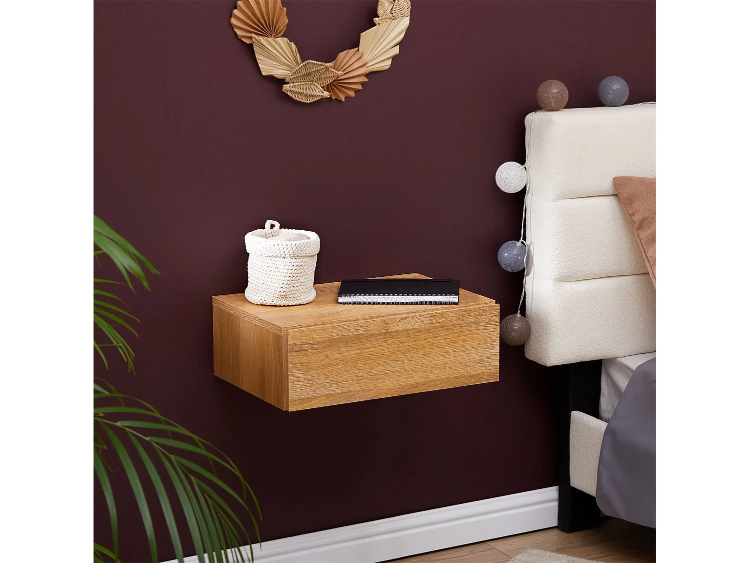 Chevet suspendu OCEANE, étagère murale avec 1 tiroir sans poignée, en bois décor chêne sauvage