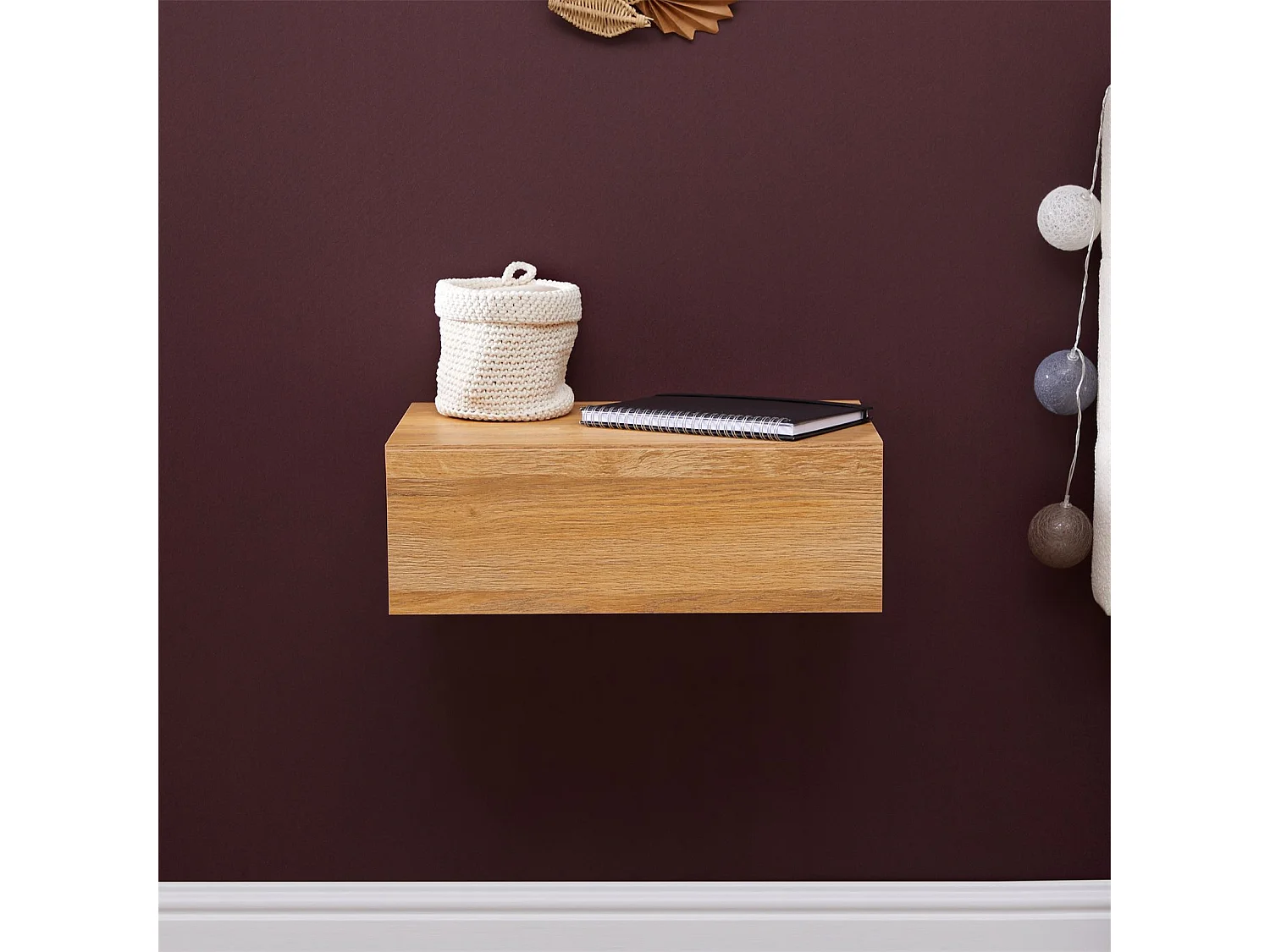 Chevet suspendu OCEANE, étagère murale avec 1 tiroir sans poignée, en bois décor chêne sauvage