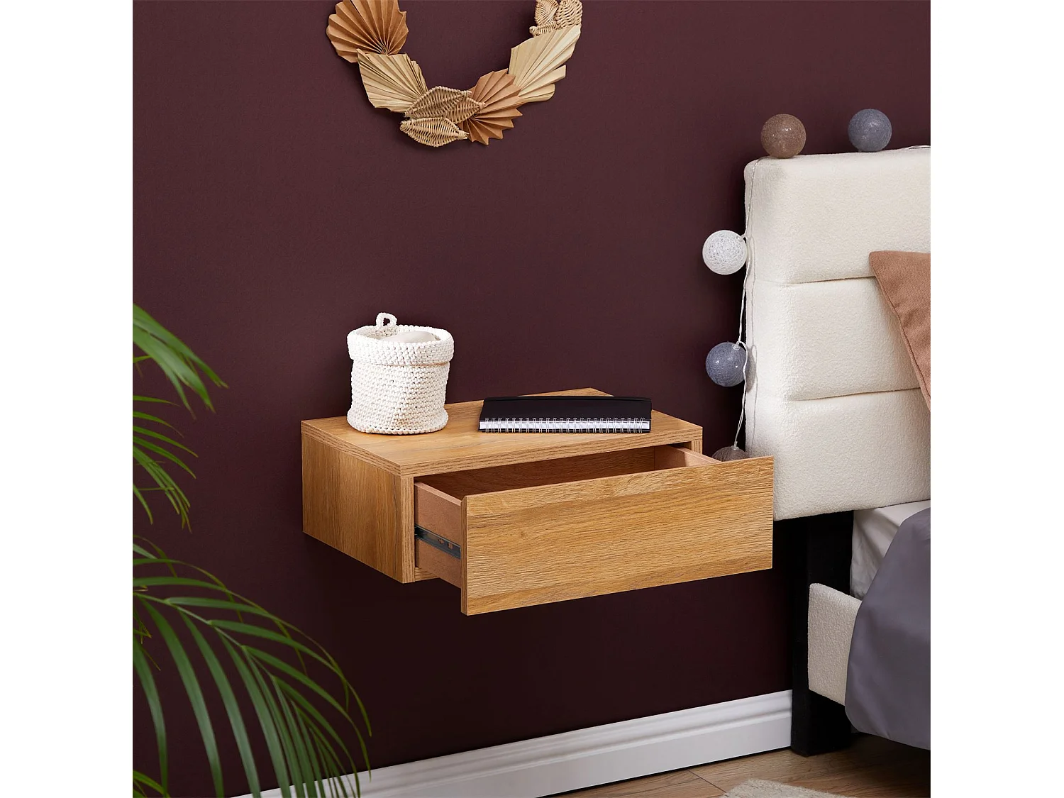 Chevet suspendu OCEANE, étagère murale avec 1 tiroir sans poignée, en bois décor chêne sauvage