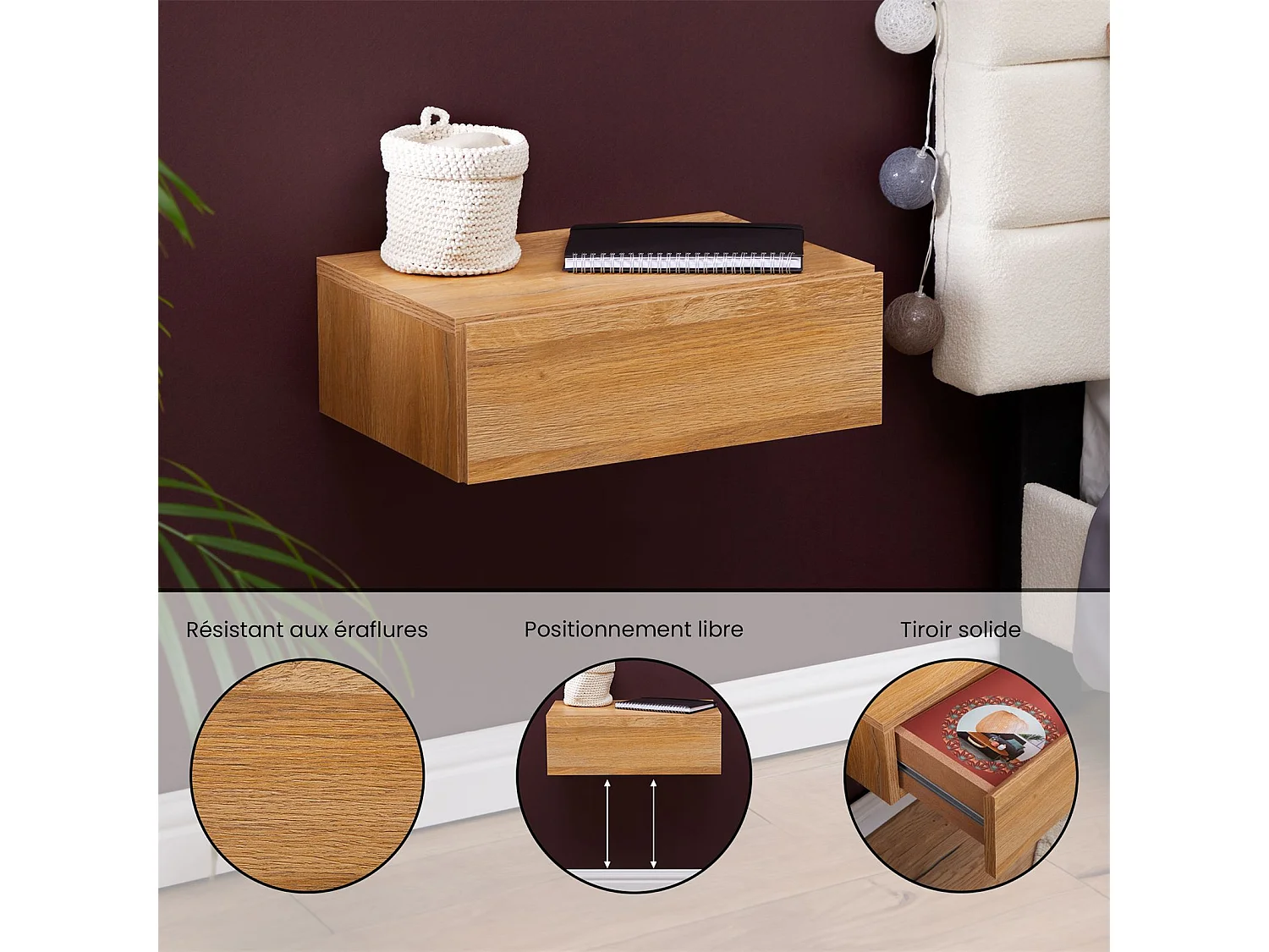 Chevet suspendu OCEANE, étagère murale avec 1 tiroir sans poignée, en bois décor chêne sauvage