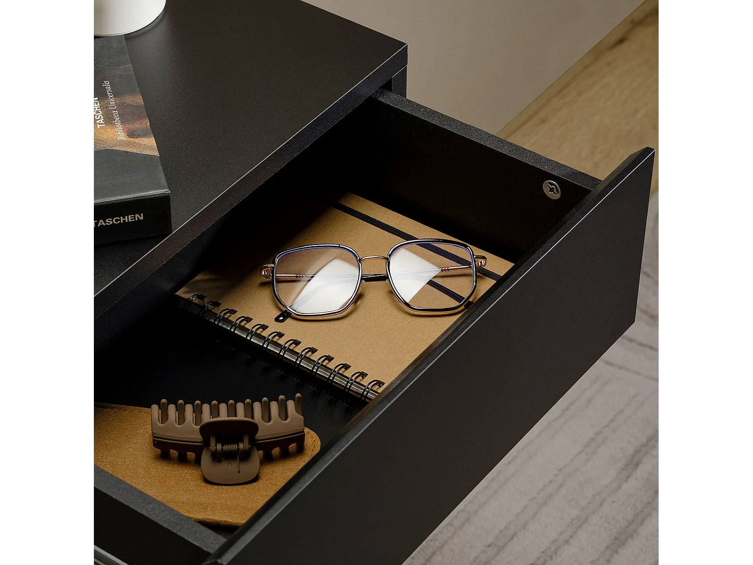 Chevet suspendu FLORENT, étagère murale avec 2 tiroirs sans poignée, en mélaminé noir mat