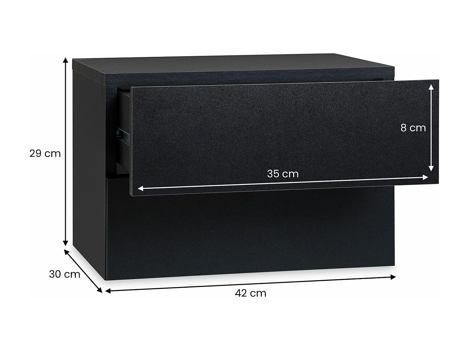 Chevet suspendu FLORENT, étagère murale avec 2 tiroirs sans poignée, en mélaminé noir mat