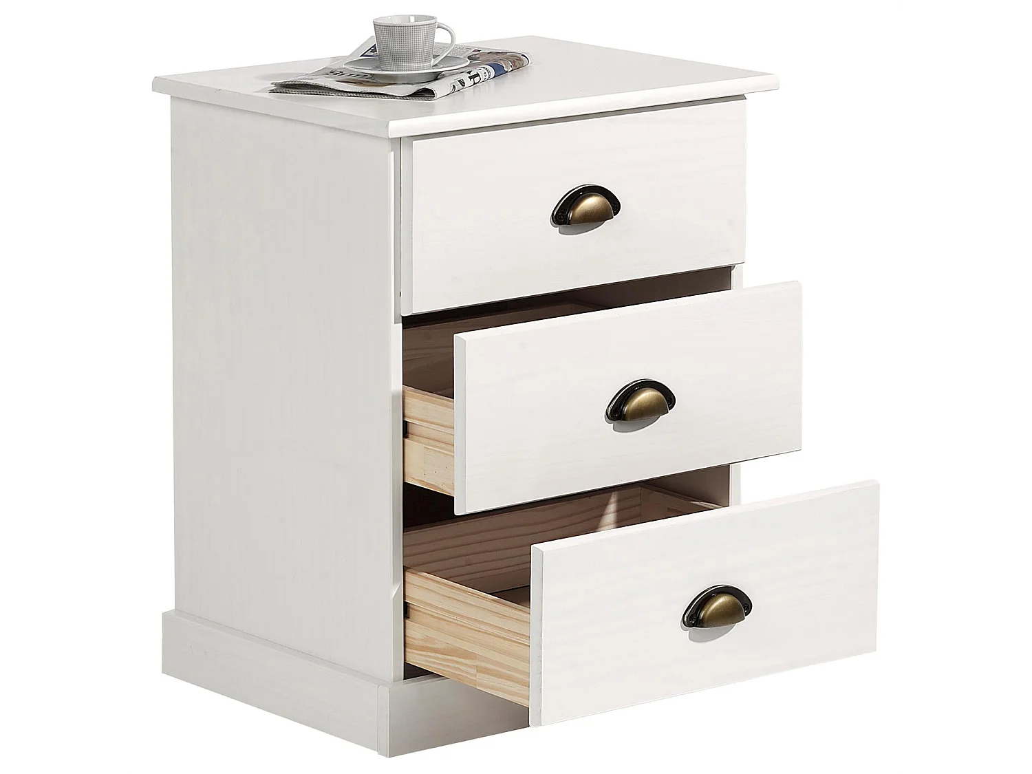 Table de chevet PARIS table de nuit avec 3 tiroirs pin massif lasuré blanc