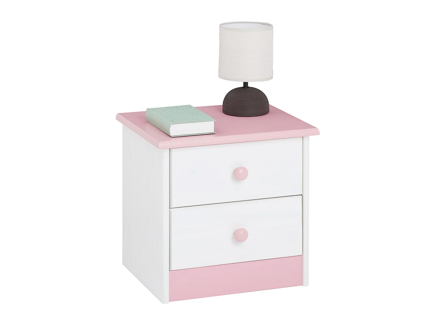 Table de chevet RONDO avec 2 tiroirs, table de nuit en pin massif, chevet en bois lasuré blanc et rose